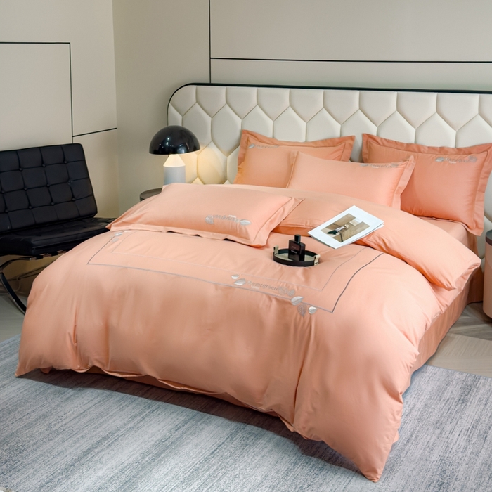 91家纺网 家纺一手货源 找家纺 U品汇  2025新款纯棉全棉长绒棉刺绣绣花高端礼盒四件套-叶夕 花晨叶夕-西柚色