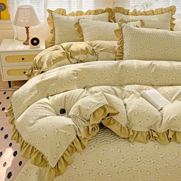 91家纺网 家纺一手货源 找家纺 纽缦家纺2025新款云感提花双层纱床盖韩版四件套 落日暮年绿