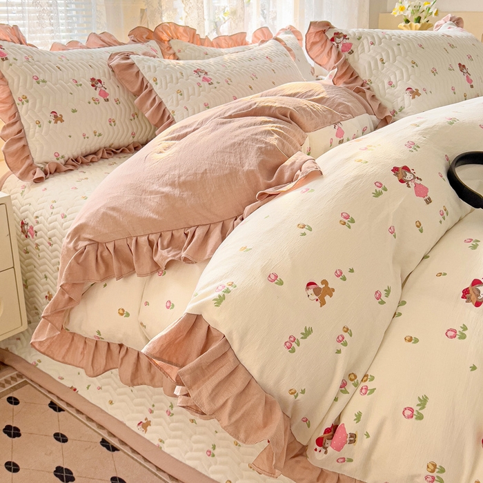 91家纺网 家纺一手货源 找家纺 纽缦家纺2025新款云感提花双层纱床盖韩版四件套 蜜糖之恋