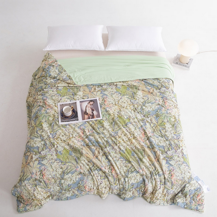 91家纺网 家纺一手货源 找家纺 睡棉坊2025新款数码印花高克重凉感丝夏凉被呱呱被10%大豆纤维填充带质检报告 梵高灰