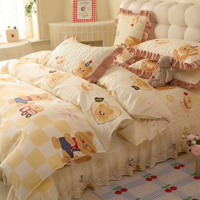 91家纺网 家纺一手货源 找家纺 美达家纺2025新款全棉蕾丝边单床盖四件套 黄油小熊