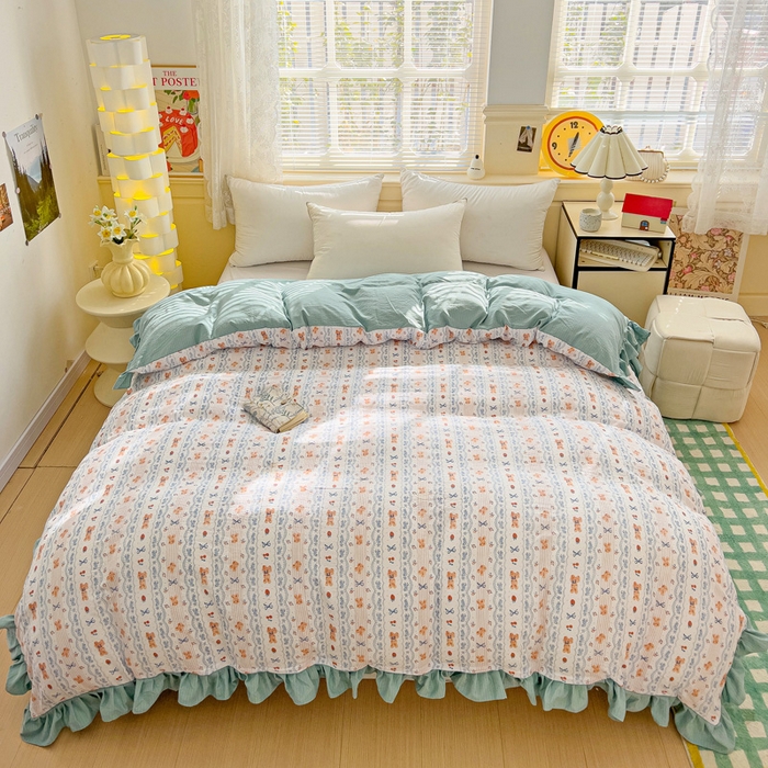 91家纺网 家纺一手货源 找家纺 纽缦家纺 2025新款云感提花双层纱韩版被套 他和她的兔