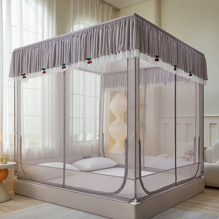 91家纺网 家纺一手货源 找家纺 青竹苑2025新款花边款床笠底防摔坐床蚊帐-樱桃 樱桃-棕咖