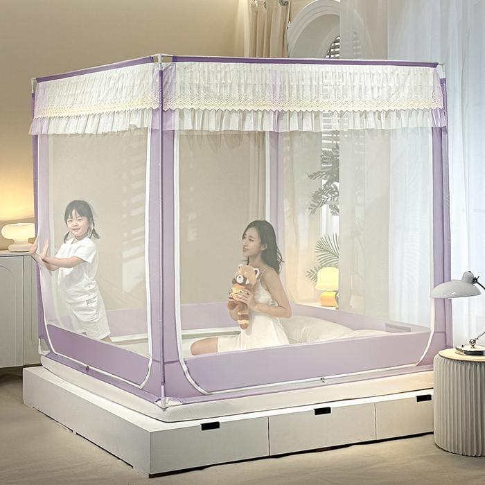 91家纺网 家纺一手货源 找家纺 青竹苑2025新款花边款床笠底防摔坐床蚊帐-铃兰花开 铃兰花开-暗夜紫