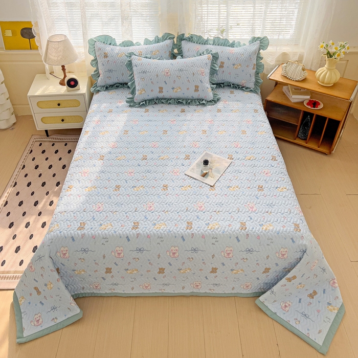 91家纺网 家纺一手货源 找家纺 2025云感提花双层纱加厚夹棉绗缝床盖 小猫时光蓝