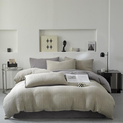 AB家纺 2025新款三层款皱皱纱条纹四件套 小半-亚麻棕