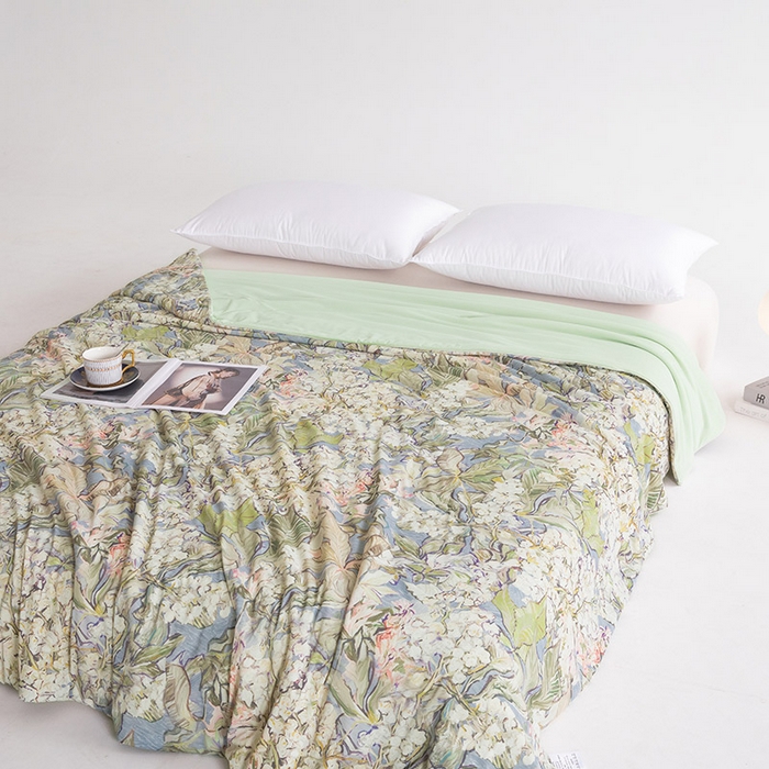 91家纺网 家纺一手货源 找家纺 睡棉坊2025新款数码印花高克重凉感丝夏凉被呱呱被10%大豆纤维填充带质检报告 梵高灰