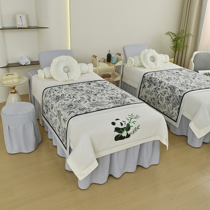 不打烊家纺 2025新款贡缎绣花熊猫系列美容床罩 米白色拼灰色