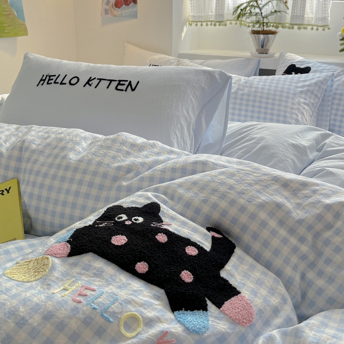 91家纺网 家纺一手货源 找家纺 桃心家居 2025新款A类亲肤舒适软糯云柔水洗棉印加绣卡通毛巾绣水洗棉系列 云柔水洗棉-印加绣蓝格黑小猫