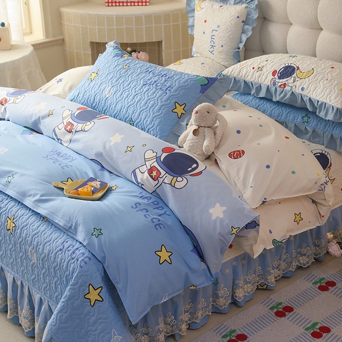 91家纺网 家纺一手货源 找家纺 美达家纺2025新款全棉蕾丝边单床盖四件套 太空卫士