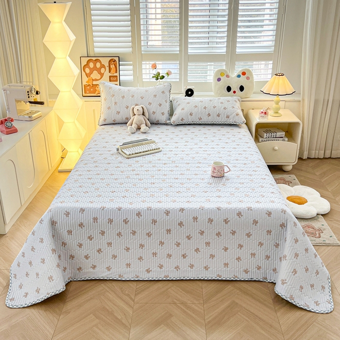 91家纺网 家纺一手货源 找家纺 雅萱家纺  2025新款双面全棉印花床盖三件套 格纹蝴蝶结