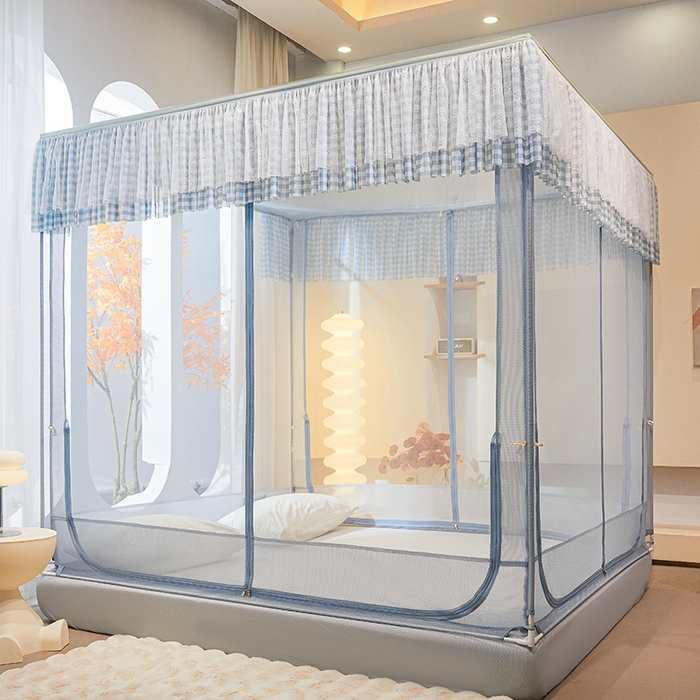 91家纺网 家纺一手货源 找家纺 青竹苑2025新款花边款床笠底防摔坐床蚊帐-格格巫 格格巫-蓝灰