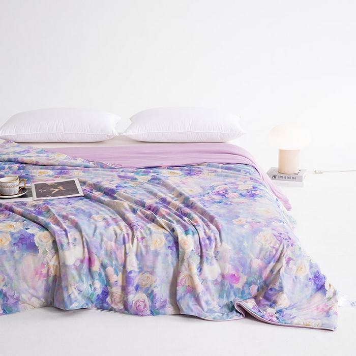 91家纺网 家纺一手货源 找家纺 睡棉坊2025新款数码印花高克重凉感丝夏凉被呱呱被10%大豆纤维填充带质检报告 迷香紫