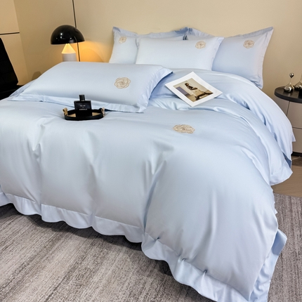 91家纺网 家纺一手货源 找家纺 KA家纺 2025春夏新款全棉绣花四件套 小香系列 小香天空蓝