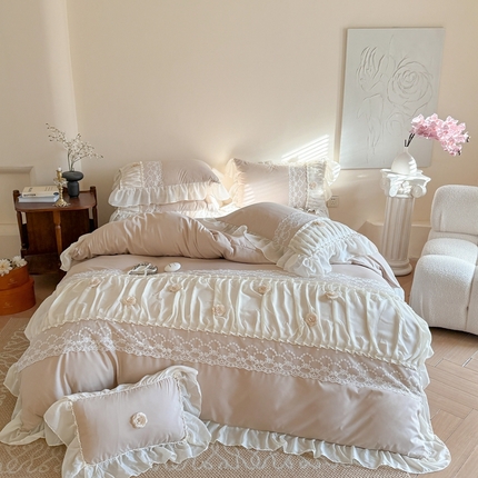 吾欢心2025新款花田里糯小棉立体定制花朵定制蕾丝花边四件套 花田里咖