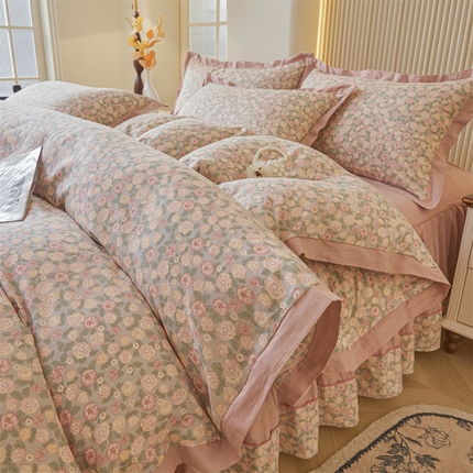 缦彩 【加微信送买家秀】2025新款母婴级双层纱宽边床裙四件套 紫檀玫瑰