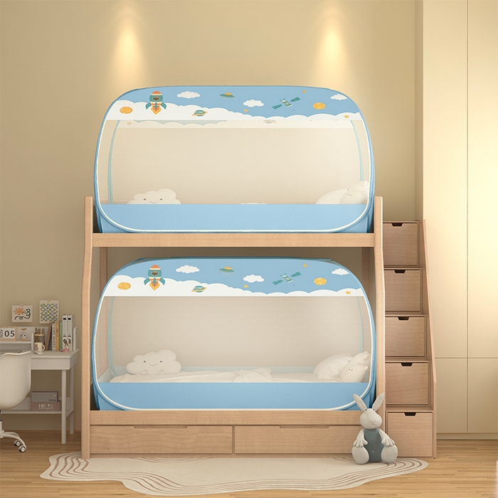 91家纺网 家纺一手货源 找家纺 青竹苑2025新款大顶学生蒙古包子母床魔术蚊帐 太空蓝