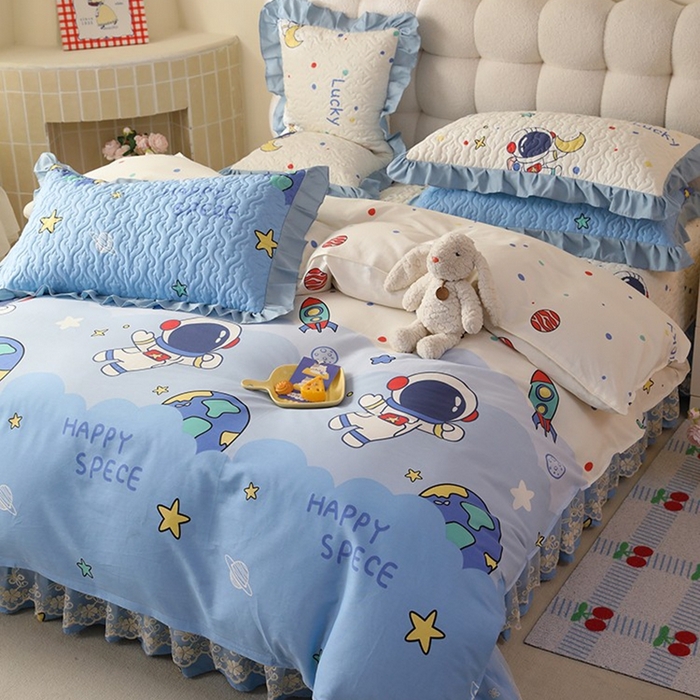 91家纺网 家纺一手货源 找家纺 美达家纺2025新款全棉蕾丝边单床盖四件套 太空卫士