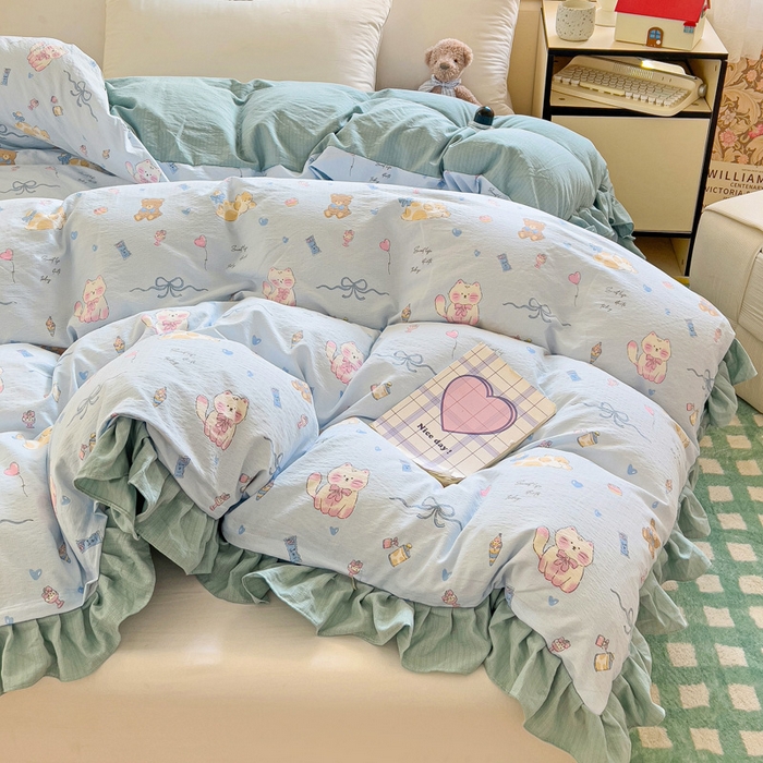 91家纺网 家纺一手货源 找家纺 纽缦家纺 2025新款云感提花双层纱韩版被套 小猫时光蓝