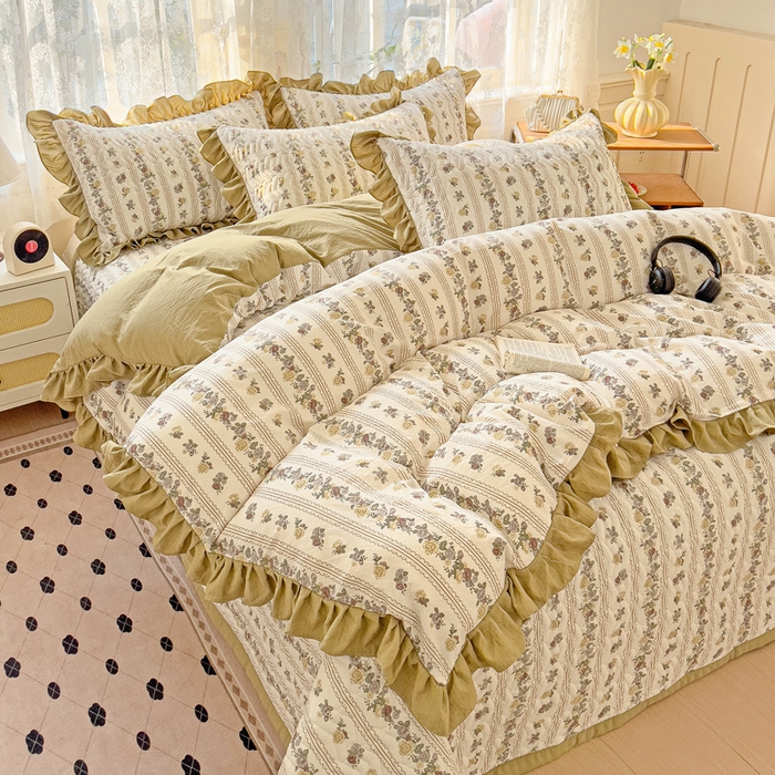 91家纺网 家纺一手货源 找家纺 纽缦家纺2025新款云感提花双层纱床盖韩版四件套 玫瑰哒