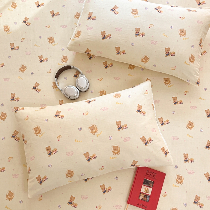 91家纺网 家纺一手货源 找家纺 博雅 2025新款全棉A类双层纱床笠 黄油小熊