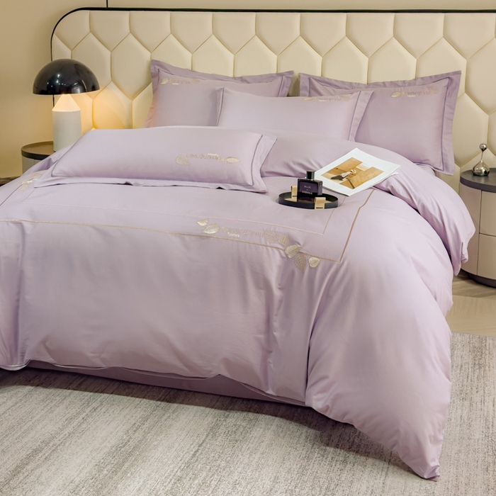 91家纺网 家纺一手货源 找家纺 U品汇  2025新款纯棉全棉长绒棉刺绣绣花高端礼盒四件套-叶夕 花晨叶夕-雪青