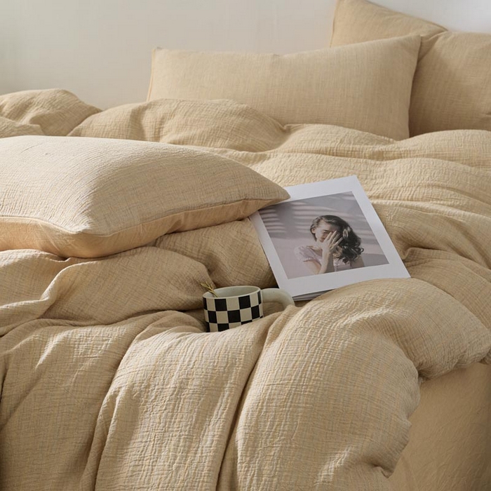 91家纺网 家纺一手货源 找家纺 AB家纺 2025新款三层款皱皱纱条纹四件套 小半-桔黄