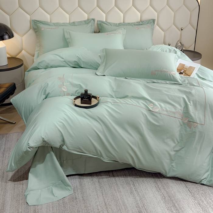 91家纺网 家纺一手货源 找家纺 U品汇  2025新款纯棉全棉长绒棉刺绣绣花高端礼盒四件套-叶夕 花晨叶夕-冰川绿