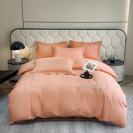 U品汇 2025新款纯棉全棉长绒棉刺绣绣花高端礼盒四件套-叶夕 花晨叶夕-西柚色