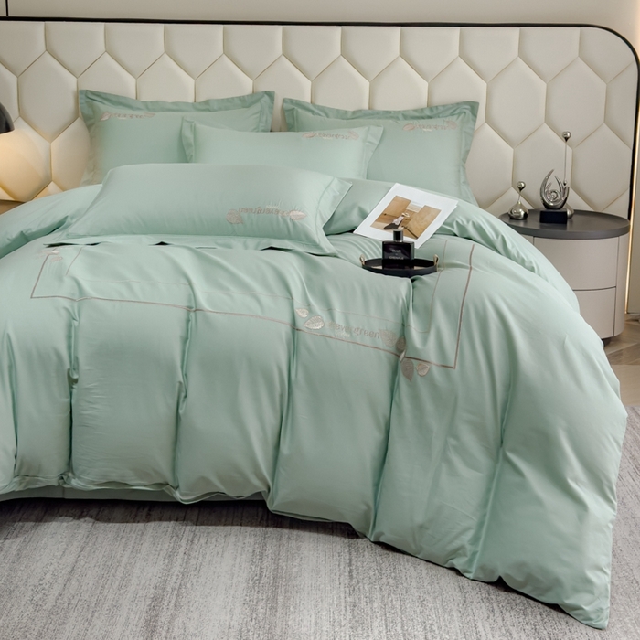 91家纺网 家纺一手货源 找家纺 U品汇  2025新款纯棉全棉长绒棉刺绣绣花高端礼盒四件套-叶夕 花晨叶夕-冰川绿