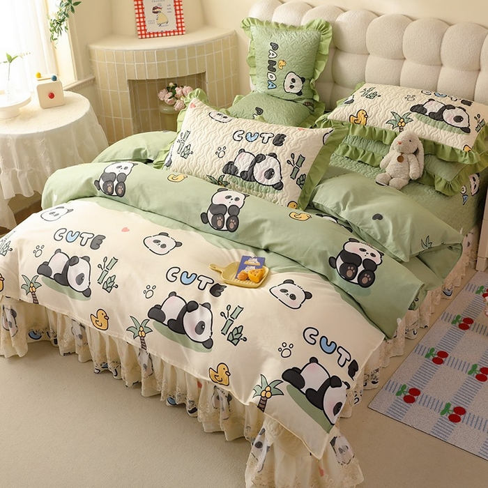 91家纺网 家纺一手货源 找家纺 美达家纺2025新款全棉蕾丝边单床盖四件套 熊猫戏水