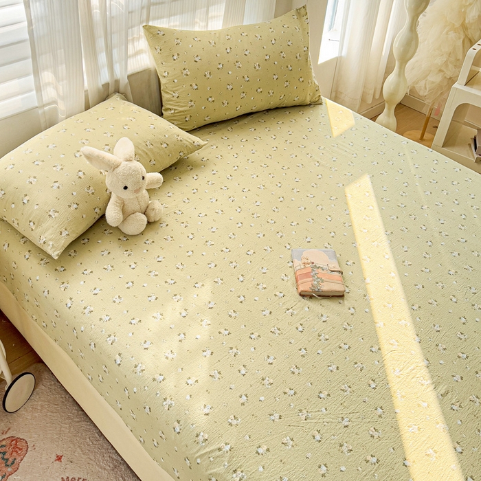 91家纺网 家纺一手货源 找家纺 纽缦家纺 2025新款云感提花双层纱床笠 落日暮年绿