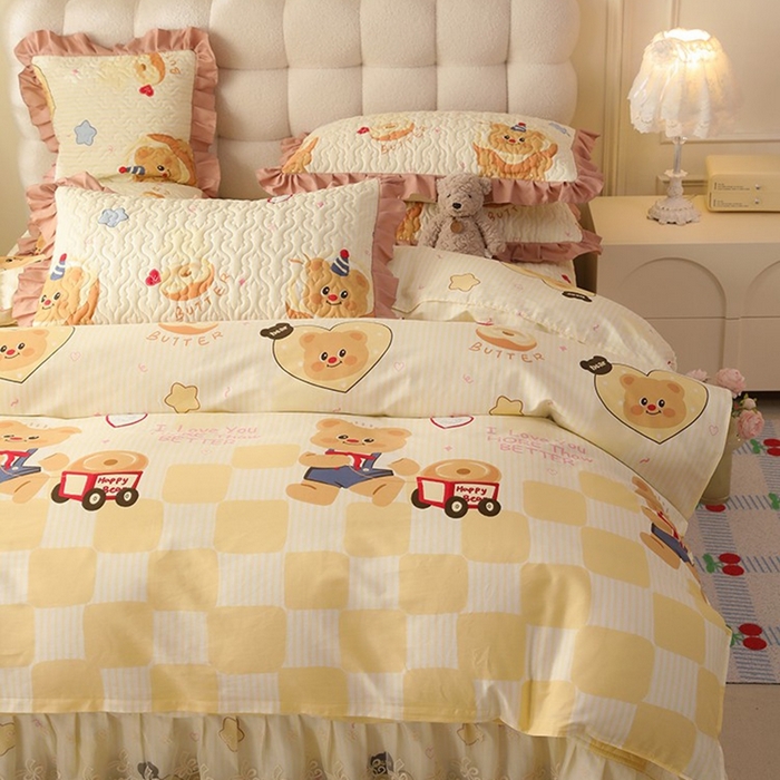 91家纺网 家纺一手货源 找家纺 美达家纺2025新款全棉蕾丝边单床盖四件套 黄油小熊