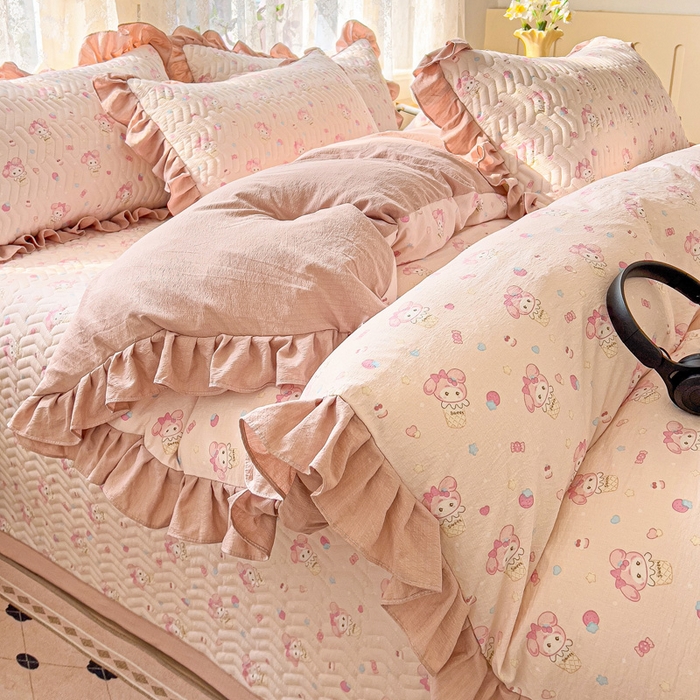 91家纺网 家纺一手货源 找家纺 纽缦家纺2025新款云感提花双层纱床盖韩版四件套 小鸥鸥