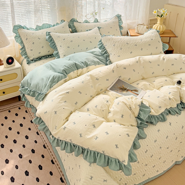 91家纺网 家纺一手货源 找家纺 纽缦家纺2025新款云感提花双层纱床盖韩版四件套 相思蓝