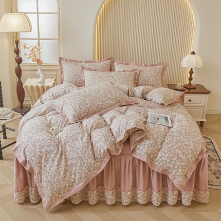 91家纺网 家纺一手货源 找家纺 缦彩 【加微信送买家秀】2025新款母婴级双层纱宽边床单四件套 紫檀玫瑰