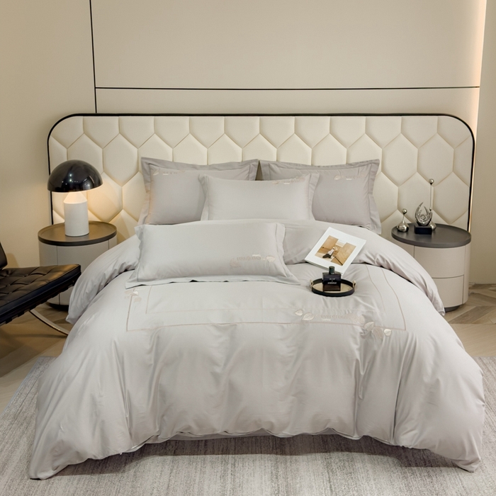 91家纺网 家纺一手货源 找家纺 U品汇  2025新款纯棉全棉长绒棉刺绣绣花高端礼盒四件套-叶夕 花晨叶夕-银灰