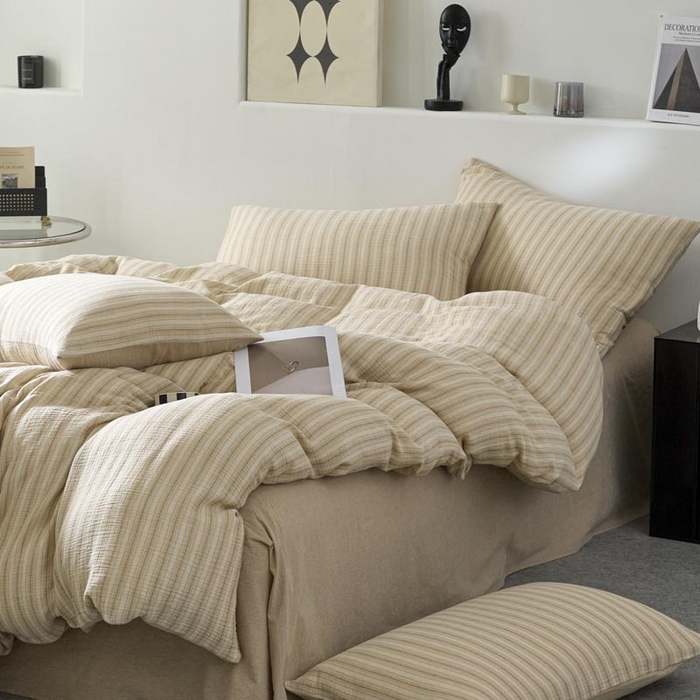 91家纺网 家纺一手货源 找家纺 AB家纺 2025新款三层款皱皱纱条纹四件套 小半-奶茶棕