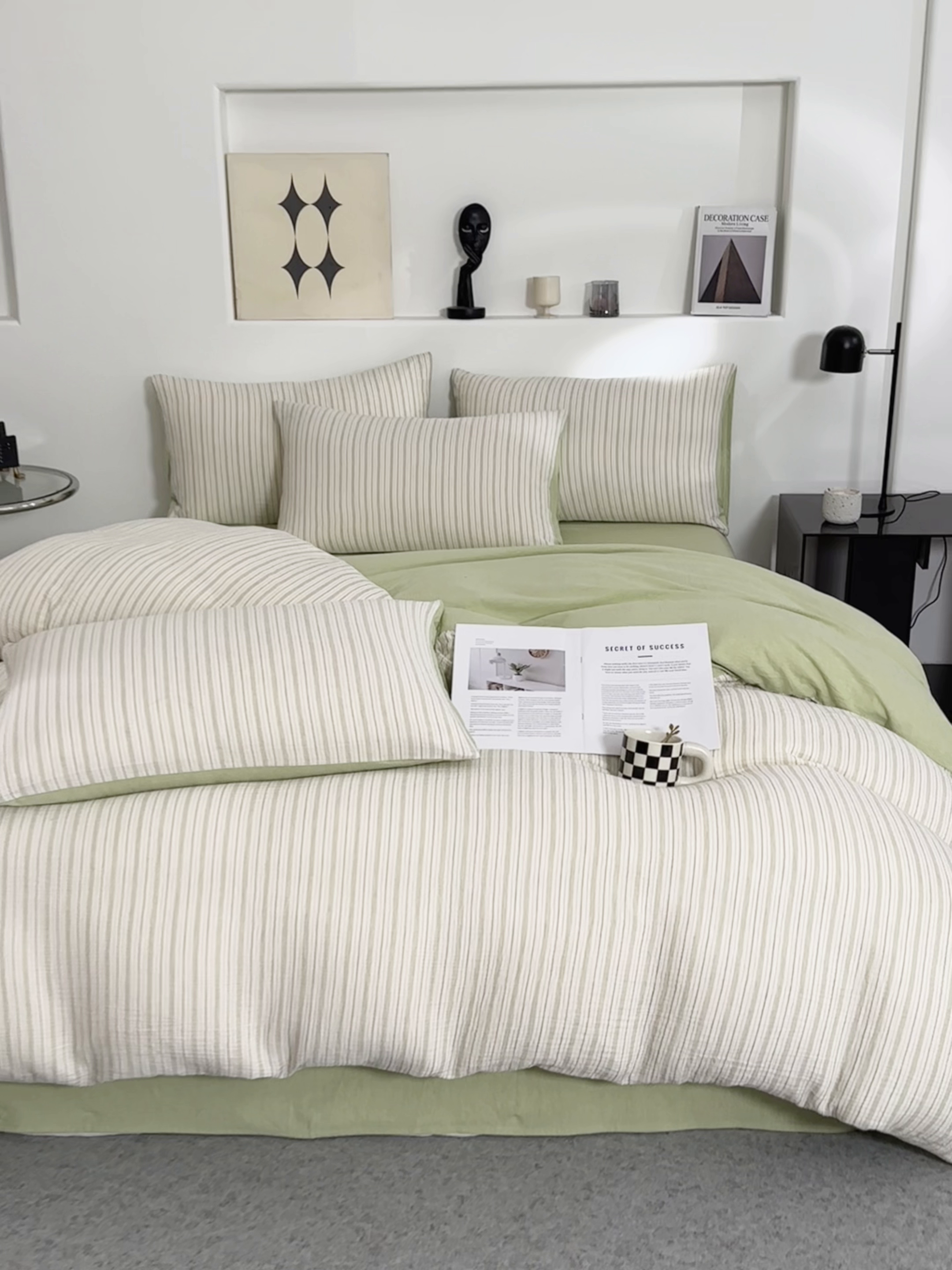 91家纺网 家纺一手货源 找家纺 AB家纺 2025新款三层款皱皱纱条纹四件套 小半-浅绿