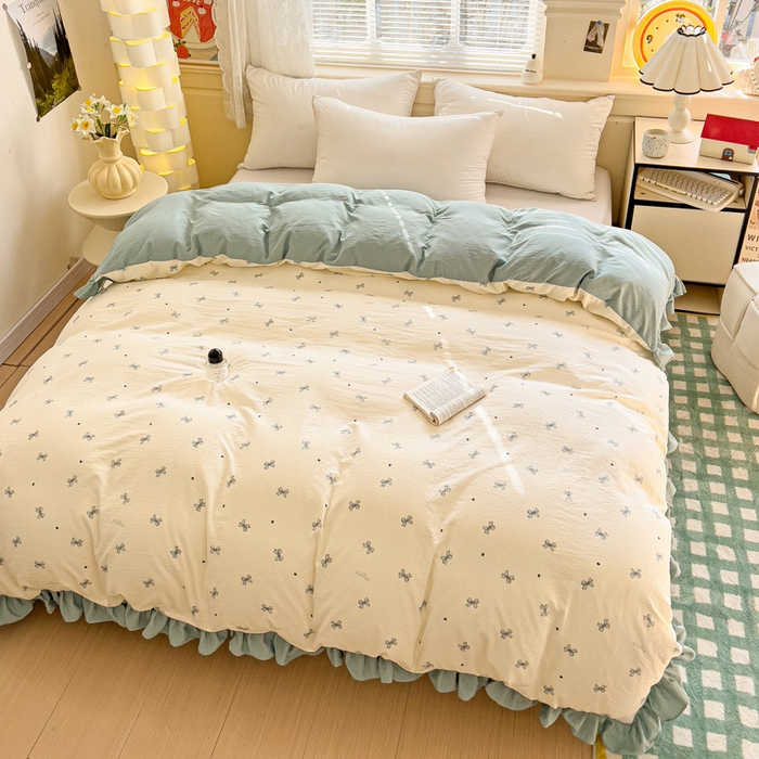 91家纺网 家纺一手货源 找家纺 纽缦家纺 2025新款云感提花双层纱韩版被套 相思蓝