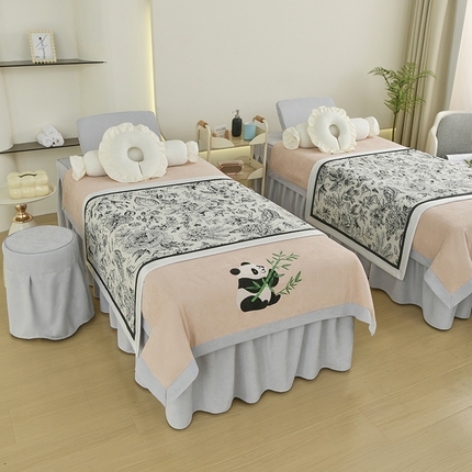 不打烊家纺 2025新款贡缎绣花熊猫系列美容床罩 卡其色拼灰色