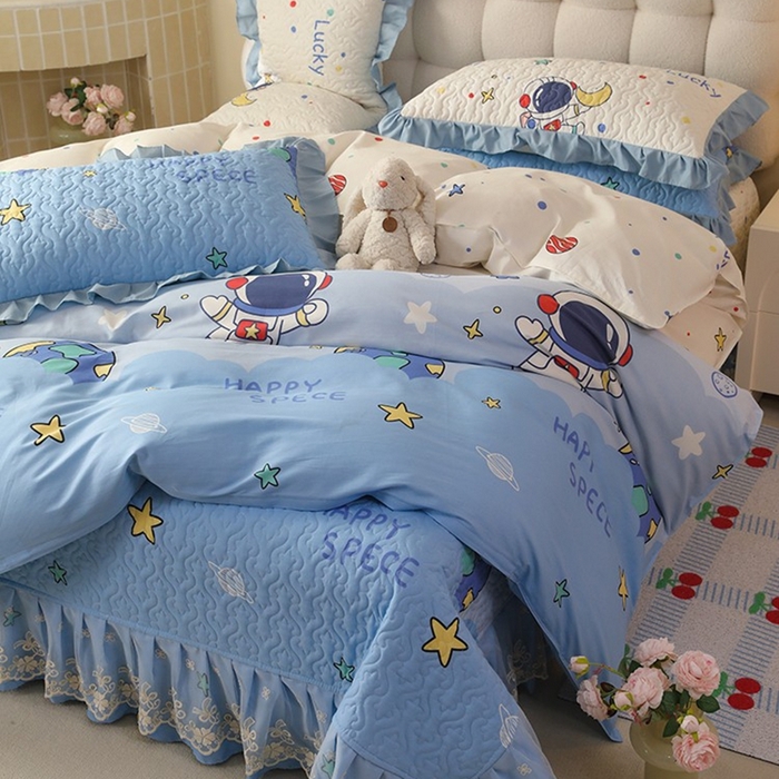 91家纺网 家纺一手货源 找家纺 美达家纺2025新款全棉蕾丝边单床盖四件套 太空卫士