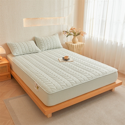 优眠坊 2025新品日式无印风全棉色织水洗棉夹棉加厚抗菌纤维绗缝床笠 条纹-清新绿