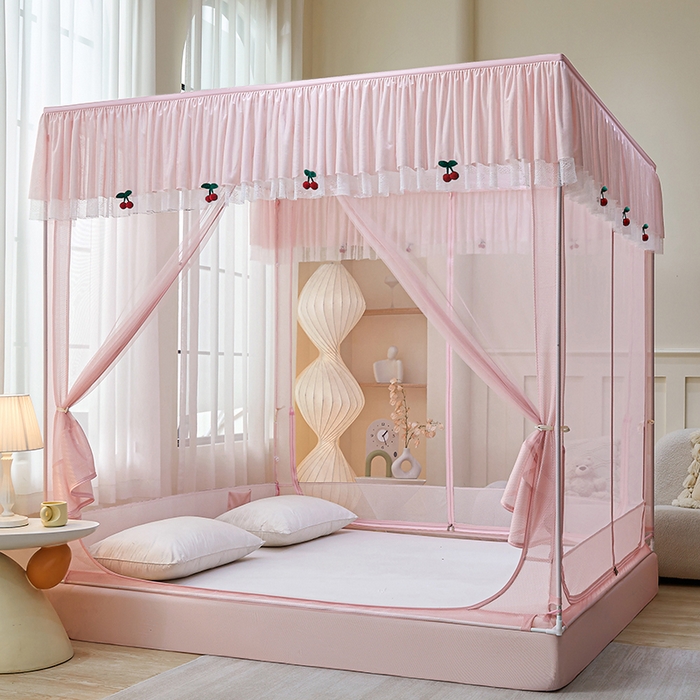 91家纺网 家纺一手货源 找家纺 青竹苑2025新款花边款床笠底防摔坐床蚊帐-樱桃 樱桃-樱花粉