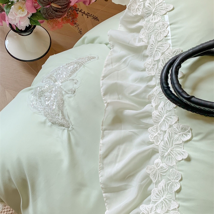 91家纺网 家纺一手货源 找家纺 吾欢心2025新款糯小棉立体蝴蝶花边套件-蝶恋花系列 蝶恋花绿