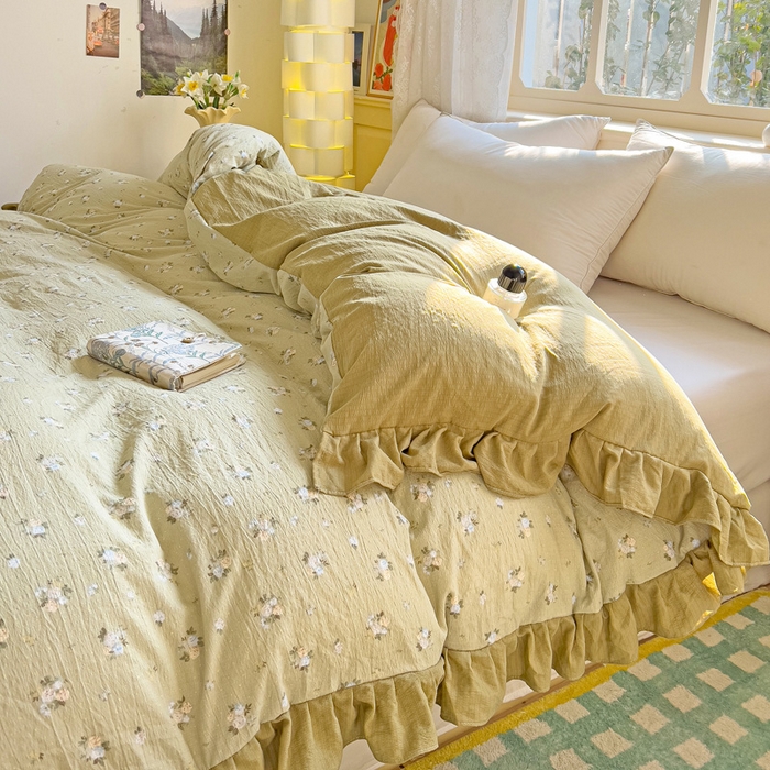 91家纺网 家纺一手货源 找家纺 纽缦家纺 2025新款云感提花双层纱韩版被套 日落暮年绿