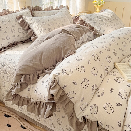 纽缦家纺2025新款云感提花双层纱床盖韩版四件套 猫咪恋人