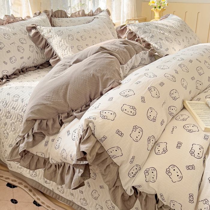 91家纺网 家纺一手货源 找家纺 纽缦家纺2025新款云感提花双层纱床盖韩版四件套 猫咪恋人