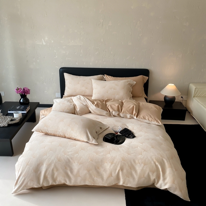 91家纺网 家纺一手货源 找家纺 旷野 2025新款全棉色织提花四件套 银杏-奶咖