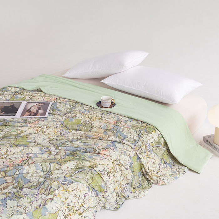 91家纺网 家纺一手货源 找家纺 睡棉坊2025新款数码印花高克重凉感丝夏凉被呱呱被10%大豆纤维填充带质检报告 梵高灰